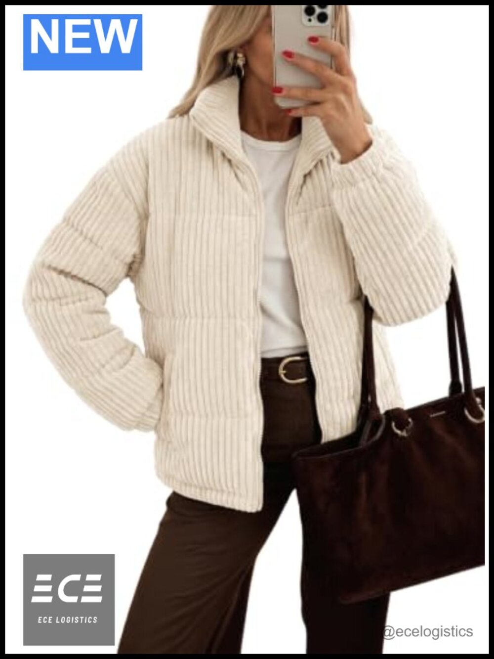 Women's Cropped Quilted Zip Up Jacket Corduroy Detail Warm Winter Coat